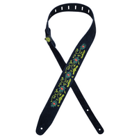 Colonial Leather Flower and Leaves Embroidered Black Suede Guitar Strap