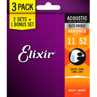 Elixir 3-Pack Nanoweb Acoustic 80/20 Bronze 11-52 Custom Light 