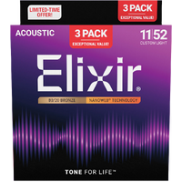 Elixir 3-Pack Nanoweb Acoustic 80/20 Bronze 11-52 Custom Light 