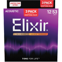 Elixir 3-Pack Nanoweb Acoustic 80/20 Bronze 12-53 Light