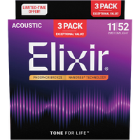 Elixir 3-Pack Nanoweb Acoustic Phosphor Bronze 11-52 Custom Light 