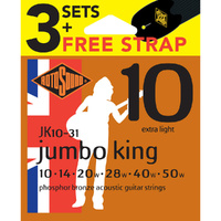 Rotosound Jumbo King Phosphor Bronze Value 3-Pack 10's + Free Strap