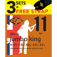 Rotosound Jumbo King Phosphor Bronze Value 3-Pack 11's + Free Strap