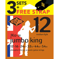 Rotosound Jumbo King Phosphor Bronze Value 3-Pack 12's + Free Strap